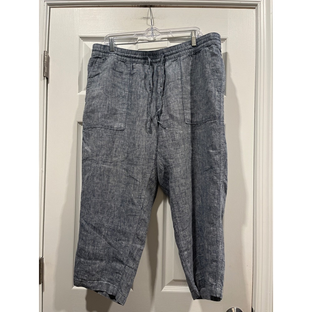 Lands End Blue Linen Blend Crop Pants Drawstring Elastic Waist Womens 16W